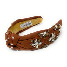 Load image into Gallery viewer, Brown headband adorned with pearl and crystal floral embroidery, exuding elegance. The interior is lined with soft beige fabric for comfort.