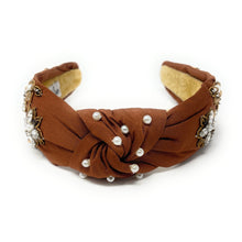 Load image into Gallery viewer, Brown headband adorned with pearl and crystal floral embroidery, exuding elegance. The interior is lined with soft beige fabric for comfort.