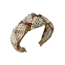 Load image into Gallery viewer, A raffia woven headband with a monochrome ivory and beige pattern, featuring a knotted design.
