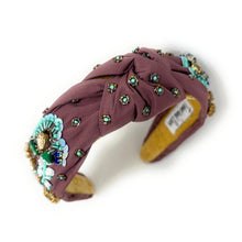 Load image into Gallery viewer, Ornate maroon headband with intricate blue and green beadwork, gold floral accents, and a soft yellow interior, evoking elegance and craftsmanship.