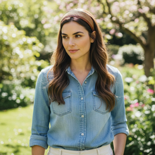 Load image into Gallery viewer, Woman standing in a garden with cherry blossom trees in the background