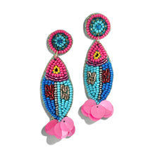 Load image into Gallery viewer, Lightweight statement earrings featuring colorful bead embroidery and shimmering pink sequin details, perfect for summer styling.