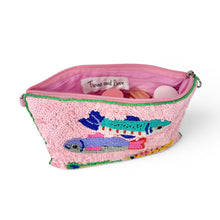 Load image into Gallery viewer, Statement fish motif zipper pouch featuring intricate bead embroidery, bright playful colors, and a glam coastal vibe.