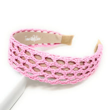 Load image into Gallery viewer, Pink woven headband featuring an open lattice design with a padded neutral lining and lightweight construction.