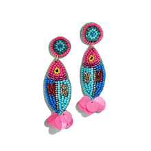 Load image into Gallery viewer, Lightweight statement earrings featuring colorful bead embroidery and shimmering pink sequin details, perfect for summer styling.