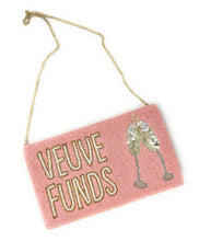 Load image into Gallery viewer, Party-ready beaded handbag featuring champagne glasses and “Veuve Funds” wording for celebrations and brunch style.