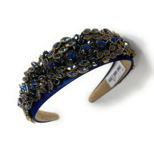 Load image into Gallery viewer, headband for women, fall headband, blue baroque headband, fall winter headband, navy blue headband, bridal headband, bridal accessories, blue luxurious hairband, luxurious hair band, unique embellished headband, unique headband, statement headband, custom bridal headband, blue color accessories, embellished headband, gemstone headband, luxury headband, embellished headband, bling headband, baroque embellished headband, custom headband, jeweled baroque headband, evening hair accessory