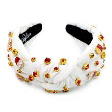 Load image into Gallery viewer, headband for women, burger lover Knot headband, white burger knot headband, burger lover gifts, burger knot headband, top knot headband, Christmas gifts, burger lover hair accessories, Gifts for her, best selling items, best gifts for her, Wine love hair band, Hamburger knot headband, birthday gifts, love burger gifs, jeweled headband, bejeweled handmade gifts, top knotted headband, bejeweled knotted headband, Velour knot headbands, burger fries headband, embellished headband, must have burger lover gift, l