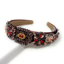 Load image into Gallery viewer, Embellished burgundy headband with multicolor crystal floral details and statement gemstone accents.