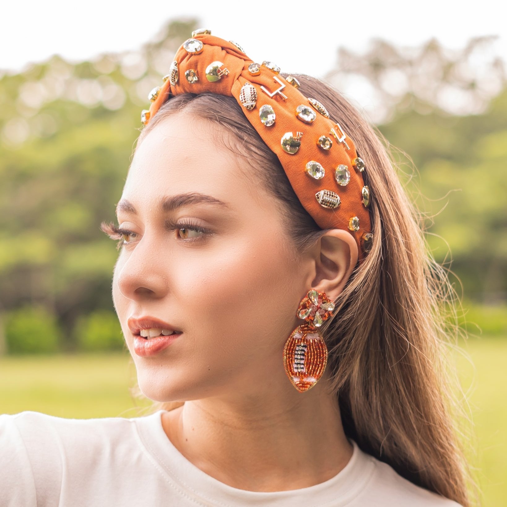 Burnt Orange Football Beaded Earrings - Main Image