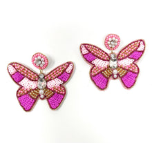 Load image into Gallery viewer, Colorful butterfly drop earrings showcasing vibrant pink embroidery, pearl embellishments, and shimmering rhinestones.