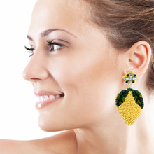 Load image into Gallery viewer, lemon Beaded Earrings, beaded lemon Earrings, fuchsia floral Earrings, lemon love Beaded Earrings, lemon earrings, lemon lover bead earrings, hot pink beaded earrings, lemon earrings, Beaded earrings, lemon Love bead earrings, lemon seed bead earrings, fruit accessories, summer accessories, spring summer earrings, gifts for mom, best friend gifts, birthday gifts, fruit earrings, lemon beaded earrings, lemon earrings accessory, yellow earrings, summer beaded earrings, cute earrings