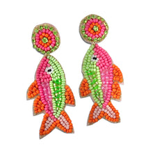 Load image into Gallery viewer, Colorful fish-shaped beaded earrings featuring vibrant pink, mint green, and orange beadwork with playful tropical charm.