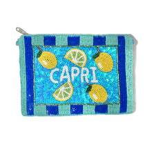 Load image into Gallery viewer, Turquoise beaded coin pouch featuring Capri lettering with lemon and lime embellishments on a striped design.