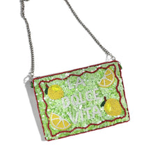 Load image into Gallery viewer, Vibrant beaded pouch adorned with sparkling lemon slices, soft green sequins, and playful Mediterranean-style “La Dolce Vita” wording.