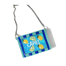 Load image into Gallery viewer, Handmade sequin pouch with Capri text, citrus fruit accents, and blue striped bead embroidery.