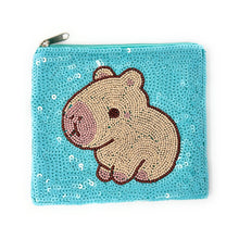 Load image into Gallery viewer, Blue sequin pouch featuring a cute capybara design in beige and brown beads. The playful, whimsical tone is accented by a silver zipper.