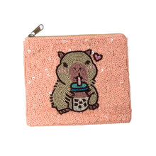 Load image into Gallery viewer, Sequined pouch with a beaded design of a capybara sipping bubble tea, featuring a small pink heart. Playful and whimsical vibe.