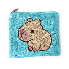 Load image into Gallery viewer, Blue sequin pouch featuring a cute capybara design in beige and brown beads. The playful, whimsical tone is accented by a silver zipper.