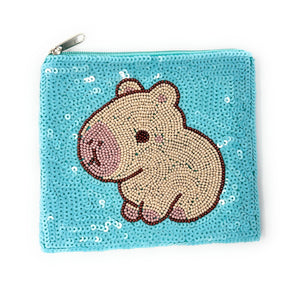 Blue sequin pouch featuring a cute capybara design in beige and brown beads. The playful, whimsical tone is accented by a silver zipper.