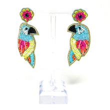 Load image into Gallery viewer, Tropical bird statement earrings with multicolor beadwork, embroidered details, and playful exotic-inspired styling.