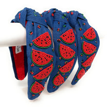 Load image into Gallery viewer, Trio of denim headbands featuring hand-beaded watermelon slice designs with playful summer-inspired detailing.