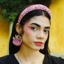 Load image into Gallery viewer, Colorful birthday cake statement earrings featuring intricate beadwork, sparkling accents, and multicolored candles with glowing flames.