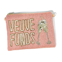 Load image into Gallery viewer, Bright fuchsia sequin cosmetic bag featuring hand-beaded text and sparkling embellishments for a fun, glamorous look.