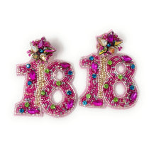 Load image into Gallery viewer, Festive 18th birthday statement earrings with bold pink crystals and glittering accents.