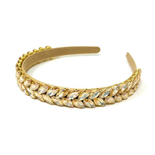 Load image into Gallery viewer, Luxe statement headband with iridescent marquise rhinestones arranged in a sophisticated gold setting.
