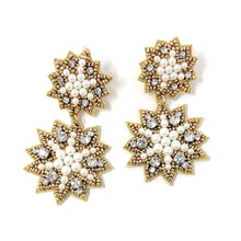 Load image into Gallery viewer, Elegant starburst statement earrings featuring pearl centers, crystal accents, and intricate gold beaded detailing.