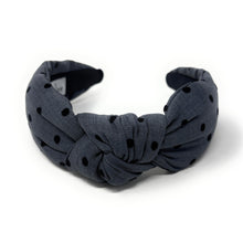 Load image into Gallery viewer, Charcoal Blue headband with black polka dots on a white background