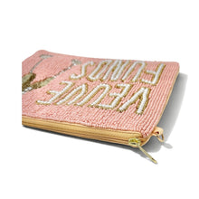 Load image into Gallery viewer, Luxury-inspired beaded accessory pouch with “Veuve Funds” statement and shimmering champagne glasses.
