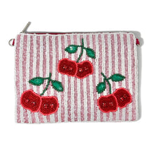 Load image into Gallery viewer, Pink striped beaded coin pouch with cherry embroidery and zipper closure