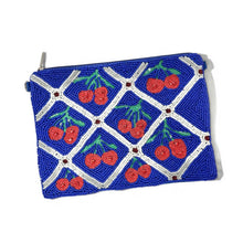 Load image into Gallery viewer, Colorful artisan beaded clutch with cherry motifs, intricate seed bead embroidery, and geometric white accents.