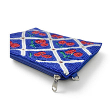 Load image into Gallery viewer, Bold blue beaded zipper pouch with hand-sewn cherry embellishments and intricate artisan craftsmanship perfect for summer styling.