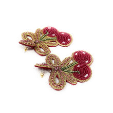 Load image into Gallery viewer, custom beaded Earrings, cherry jeweled Earrings, bow Beaded Earrings, bow cherry earrings, summer jeweled earrings, handmade earrings, custom earrings, party accessories, fancy accessories, bow embellished earrings, custom earrings, best friend gifts, birthday gifts, bohemian earrings, luxurious handmade accessories, night jewelry, Fancy earrings, boho earrings, beaded earrings, bow jeweled earrings, statement earrings, best selling items, statement earrings, handmade gifts, custom gifts, pink bow
