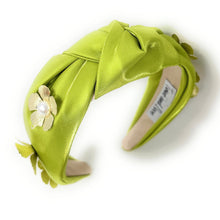 Load image into Gallery viewer, Chic floral hairband in vibrant green with pearl details.