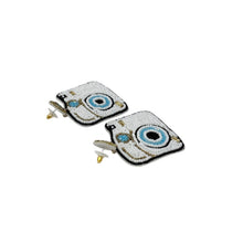 Load image into Gallery viewer, Close-up of retro camera earrings with intricate beadwork