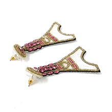Load image into Gallery viewer, White and pink Eiffel Tower statement earrings with gold accents