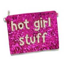 Load image into Gallery viewer, Glamorous hot pink clutch-style pouch with beaded typography and allover sequins, ideal for beauty products and accessories.