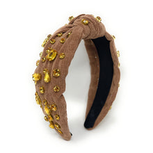 Load image into Gallery viewer, Thanksgiving Jeweled Headband, Fall headband, Autumn Hair Accessories, Autumn Headband, knot headband, boho headband, best selling items, Fall knotted headband, hairbands for women, thanksgiving  gifts,  Fall knot Headband, Fall accessories, beige corduroy headband, Corduroy headband, Statement headband, Christmas gifts, jeweled knot headband, Jeweled headband, Corduroy knot headband, Embellished headband, Autumn embellished headband, bejeweled headband