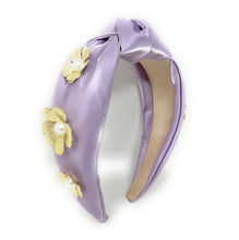 Load image into Gallery viewer, Chic lavender headband accessory with gold flower embellishments.