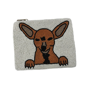 Pouch with a beaded design of a dog on a white background