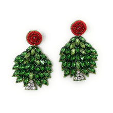 Load image into Gallery viewer, Dangling earrings feature vibrant green gemstones shaped like leaves with a red circular top. A small cluster of white stones accent the bottom. Festive and elegant.