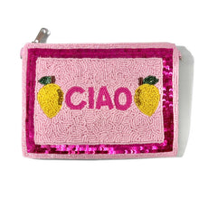 Load image into Gallery viewer, Pink beaded “CIAO” pouch featuring bright lemon accents, shimmering fuchsia sequin trim, and playful Italian summer vibes.
