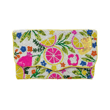 Load image into Gallery viewer, White hand beaded clutch with colorful lemon and grapefruit designs, floral details, and shimmering sequins throughout.