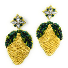 Load image into Gallery viewer, earrings showcasing handcrafted lemon motifs with crystal and seed bead embellishments.