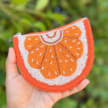 Load image into Gallery viewer, Orange and white beaded coin pouch with citrus slice design