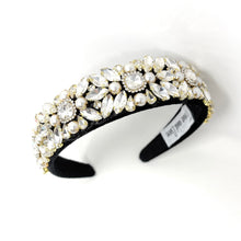 Load image into Gallery viewer, Luxurious black headband adorned with sparkling crystals and pearls in floral patterns, conveying elegance and glamour